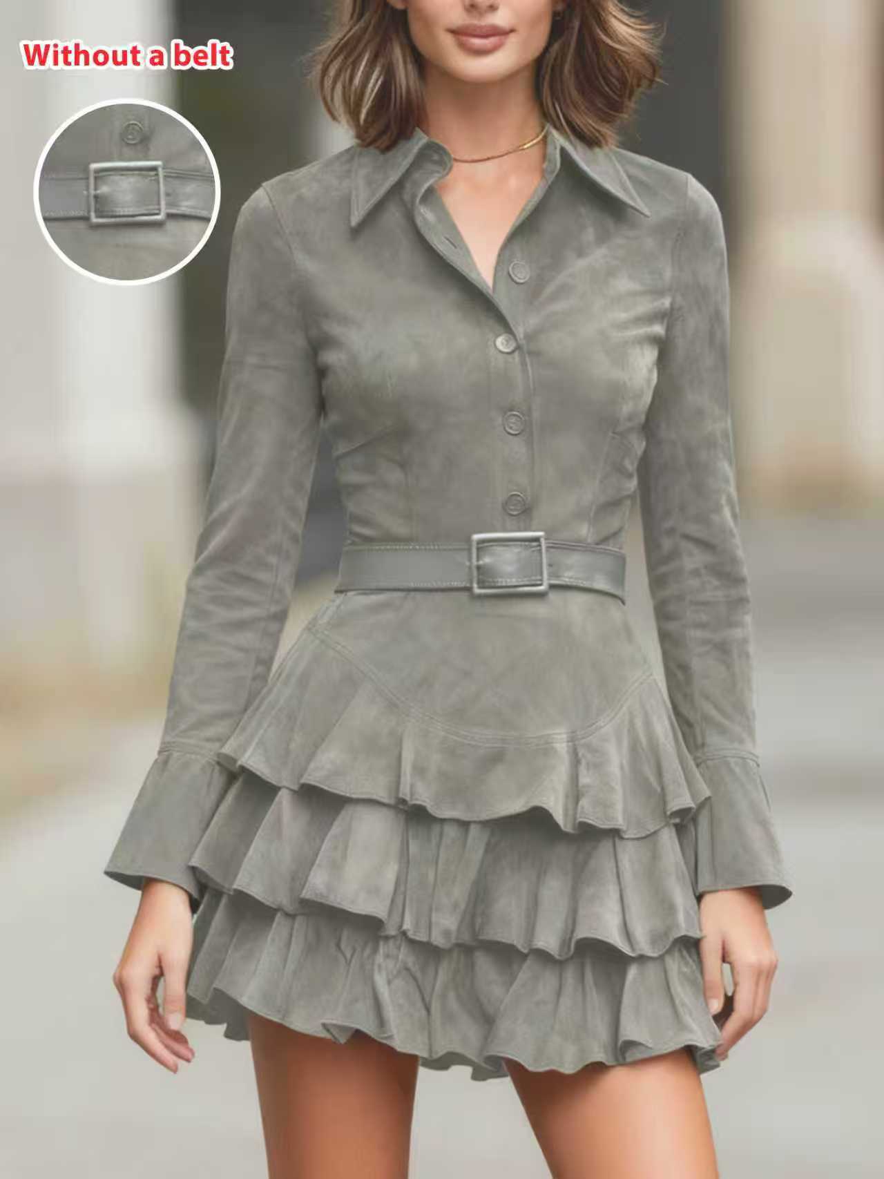 Slim-Fit Solid-Color Suede Ruffled Long-Sleeve Shirt Dress
