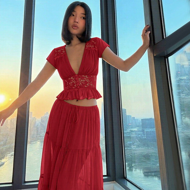 Lace Chiffon Cardigan T-shirt Loose Sheer Bandage Long Dress