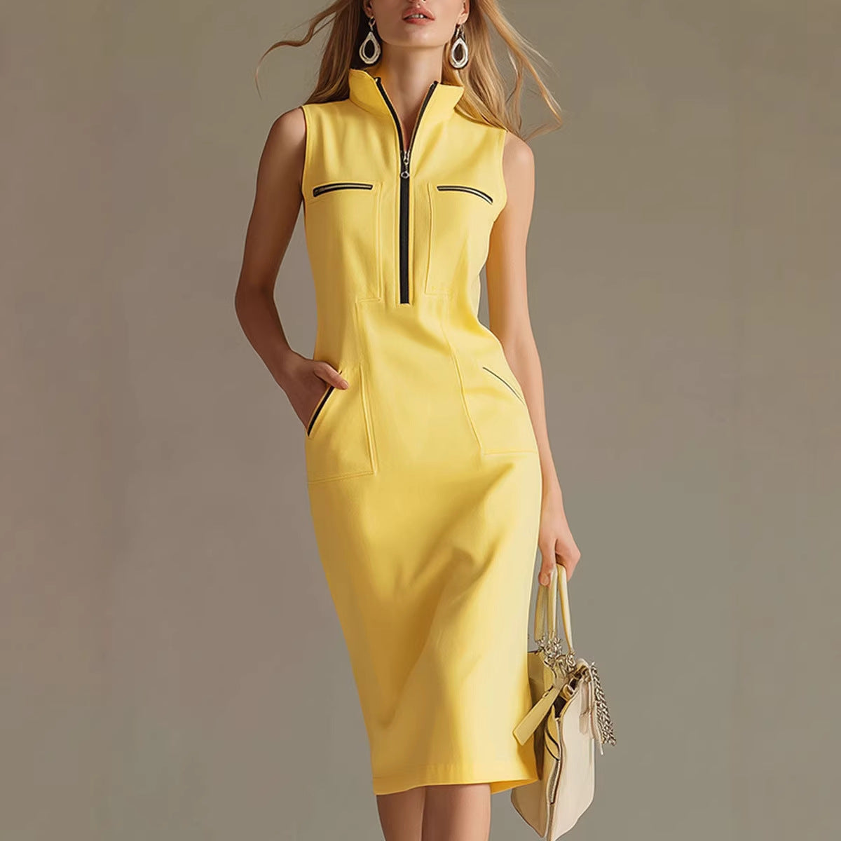 Contrast-color Stand-collar Midi Dress