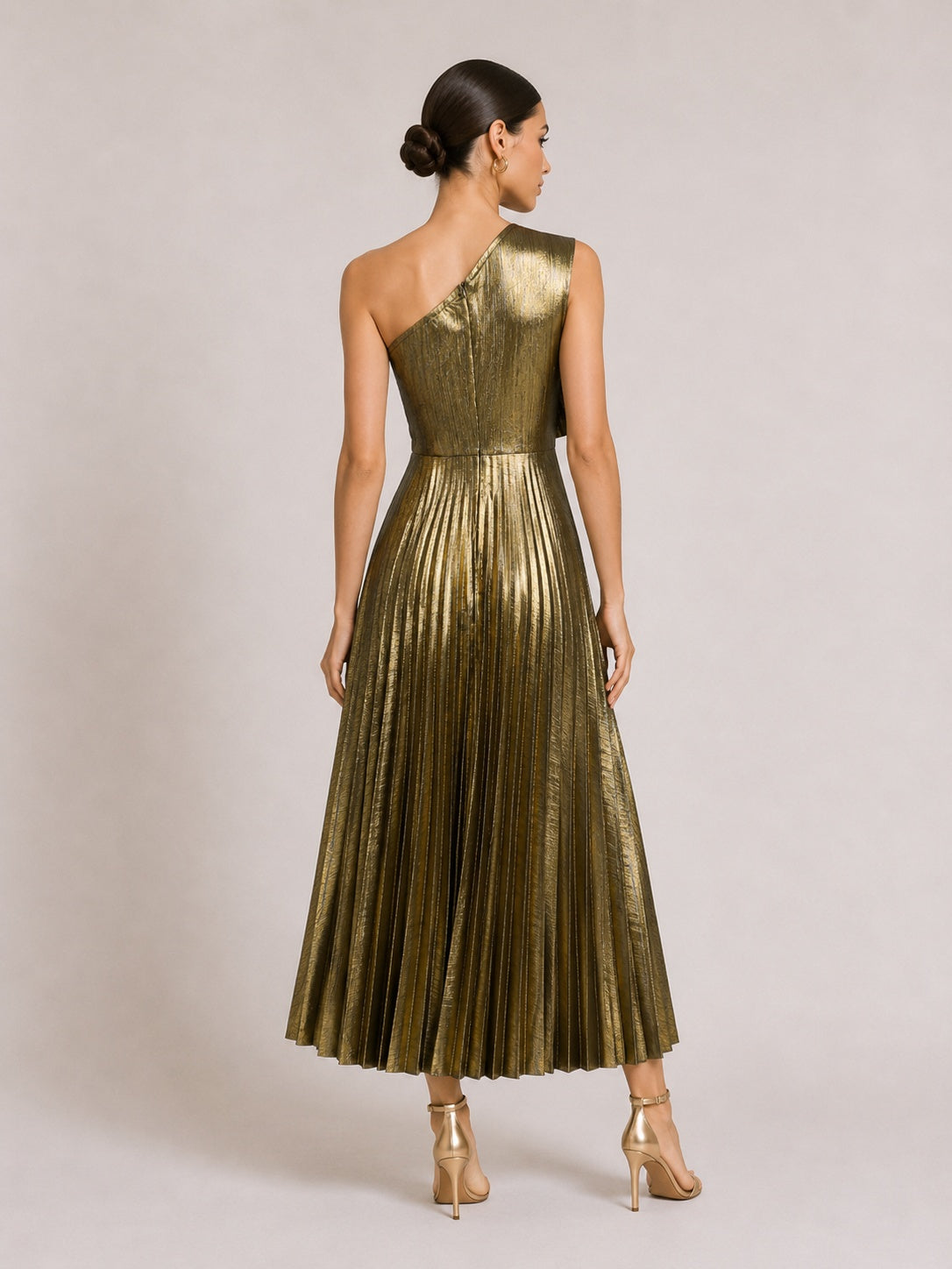 One Shoulder 3D Floral Applique Pleated Midi Evening Dress