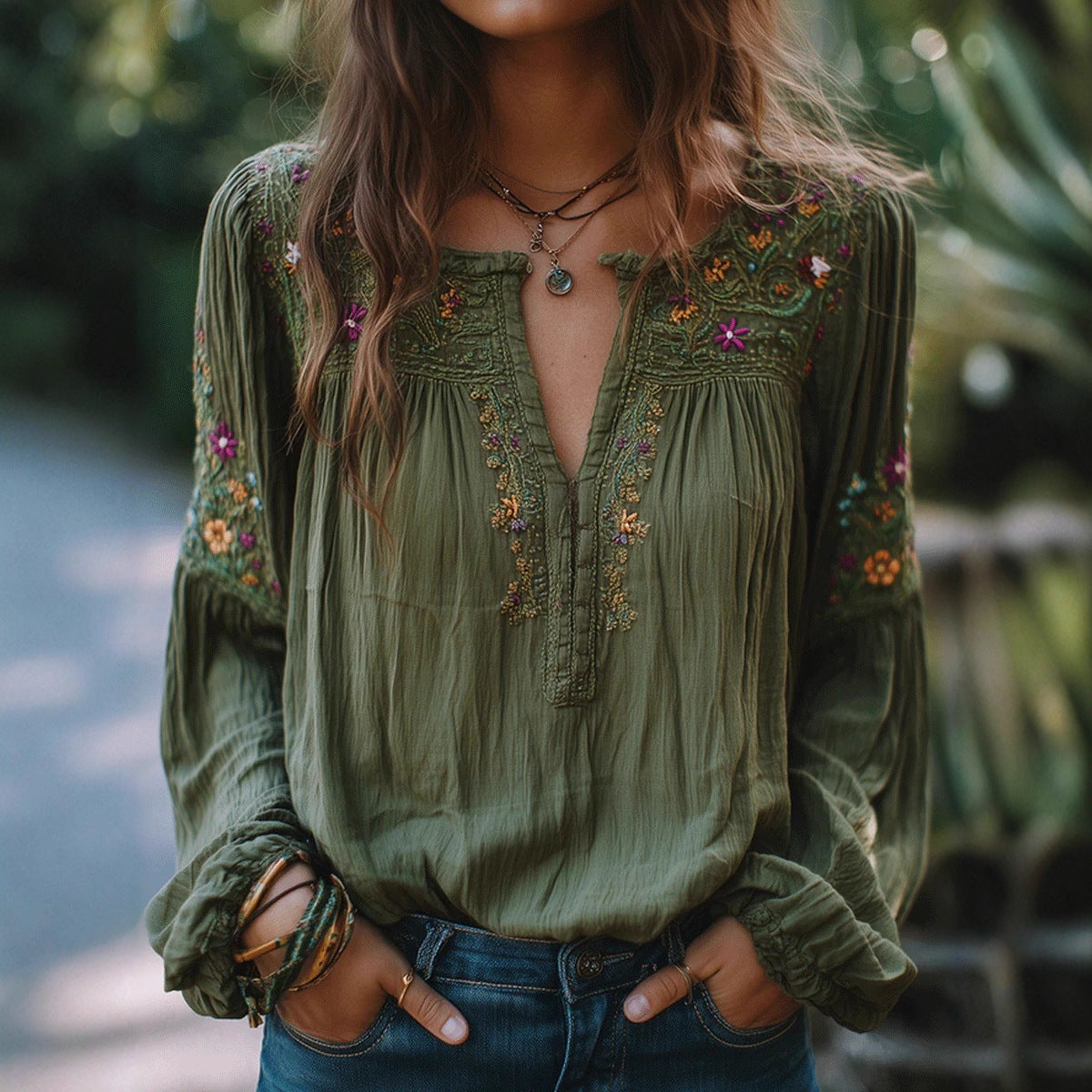 Ethnic-style Embroidered Floral Lantern-sleeve Loose-fitting Top