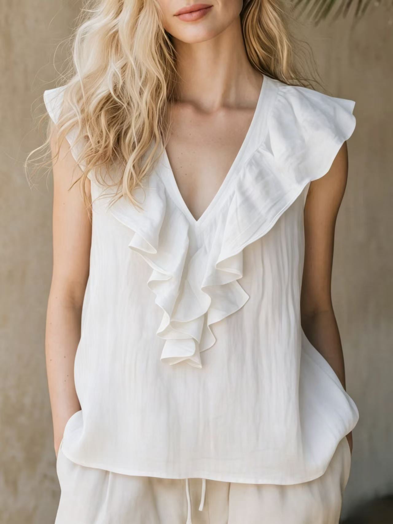 Lace-trimmed V-neck Linen French-style Long-sleeve Top
