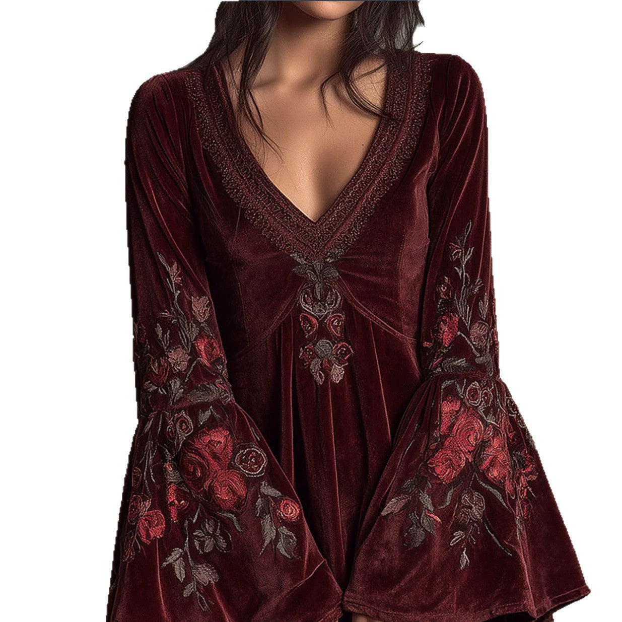Bell-sleeved Burgundy Velvet Embroidered Mini Dress