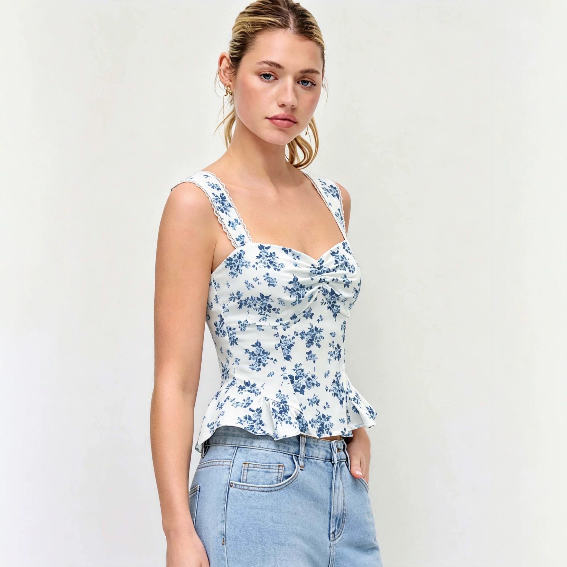 Summer New White-base Top With Blue Floral Print Strapless Style