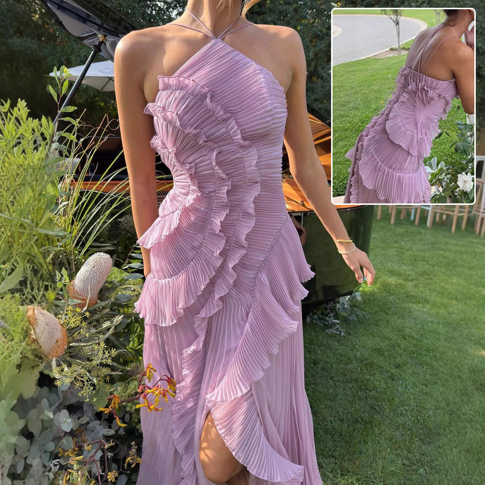 Ruffled Pleated Halterneck Dress Summer Irregular Hem Dresses Party Club…