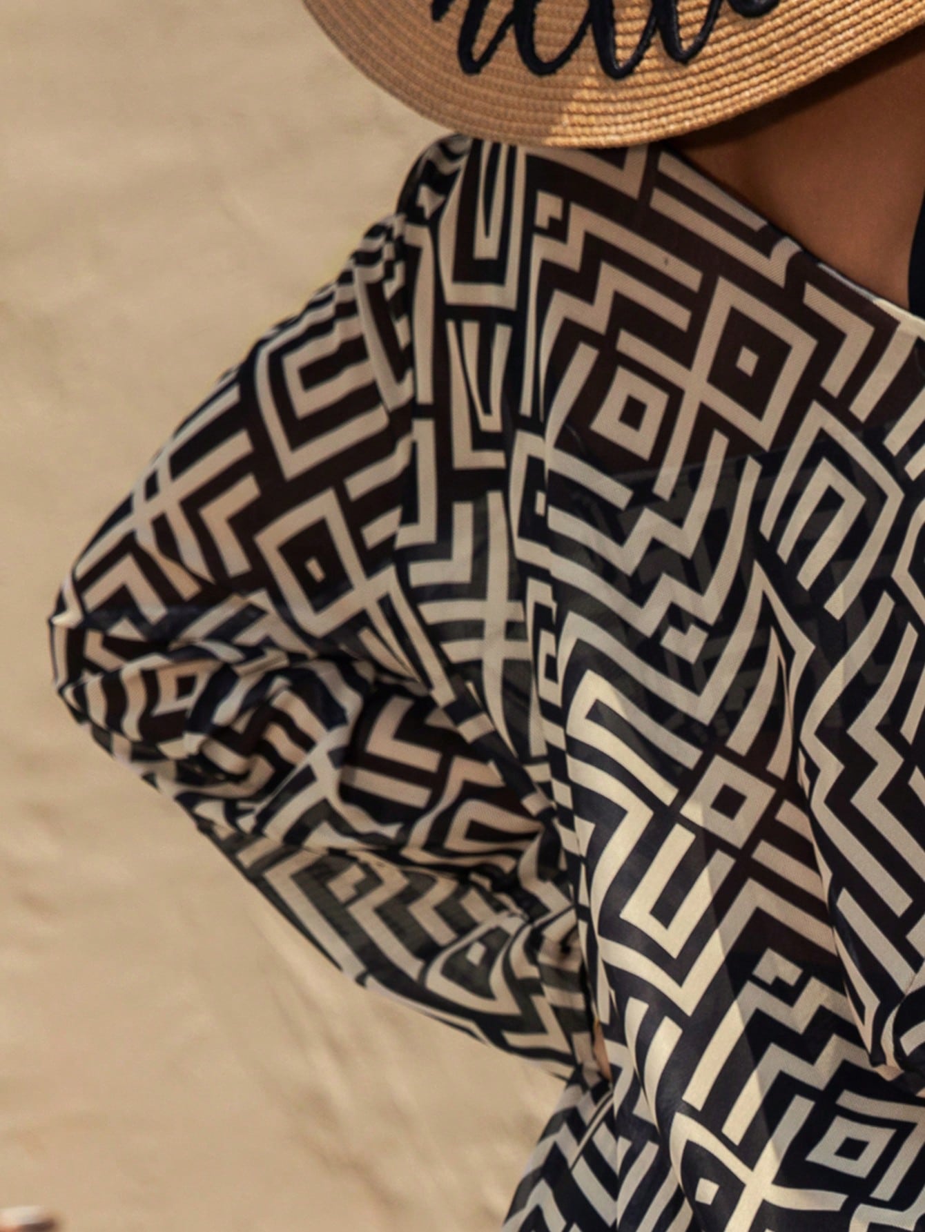 Geometric Print 3-Piece Bikini Set With Sheer Kimono Cover-Up