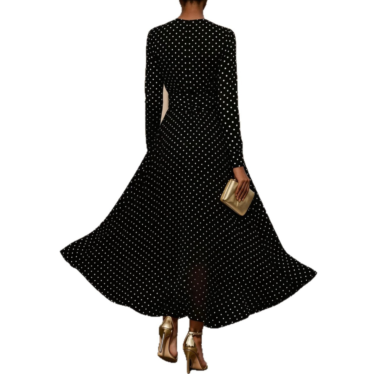 Round-neck Long-sleeve Polka-dot Sheath Dress