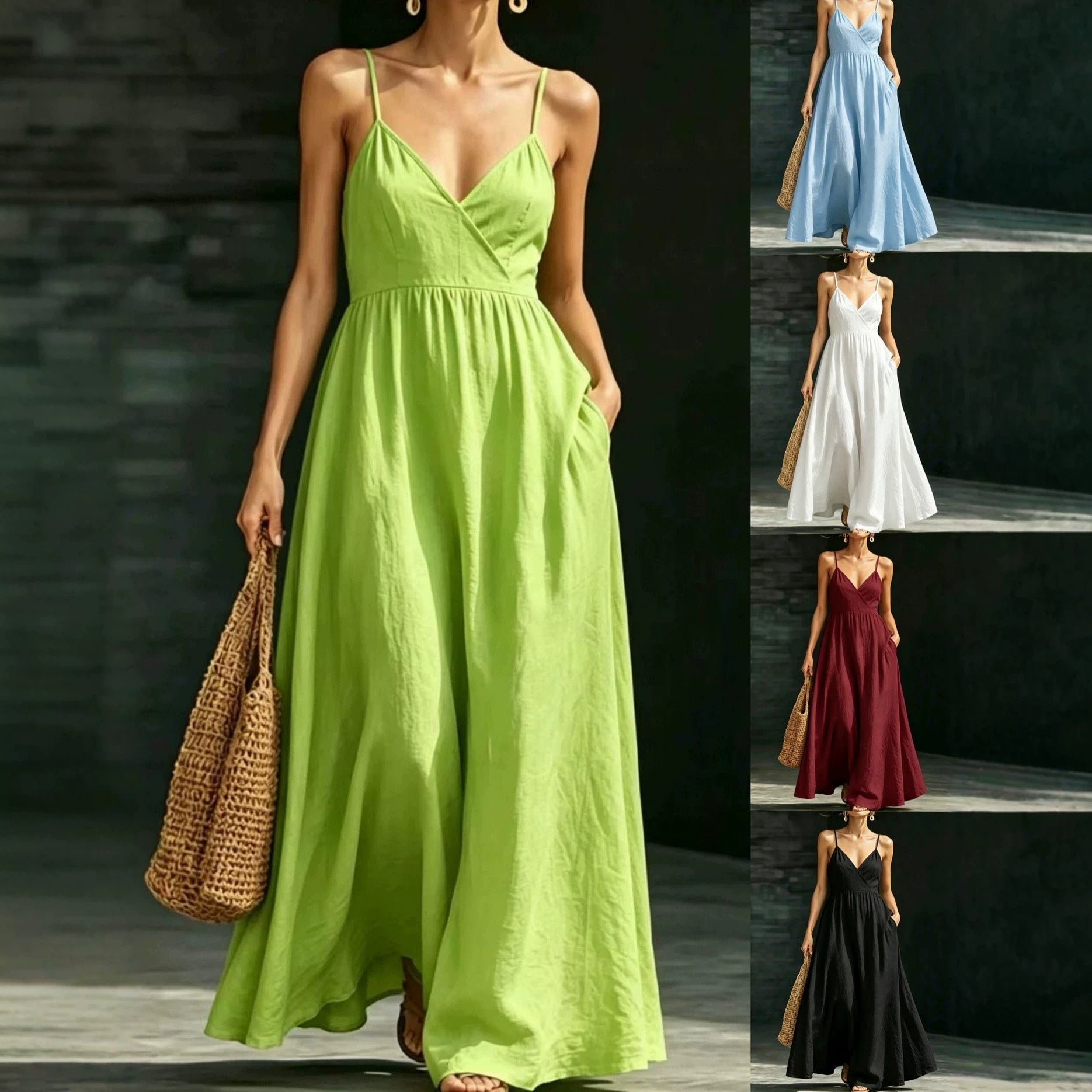 V-neck Pocketed Strap Backless Dress