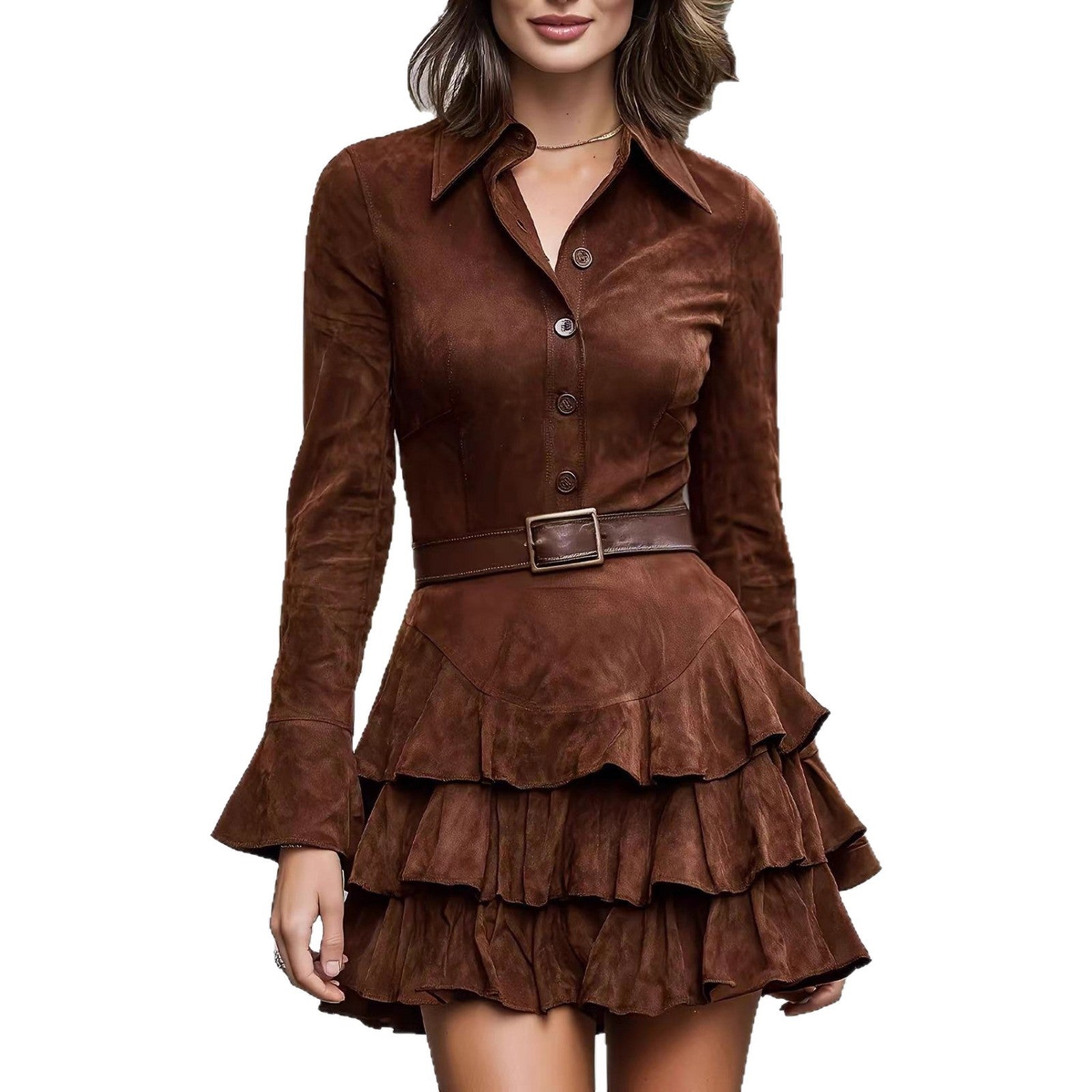 Slim-Fit Solid-Color Suede Ruffled Long-Sleeve Shirt Dress