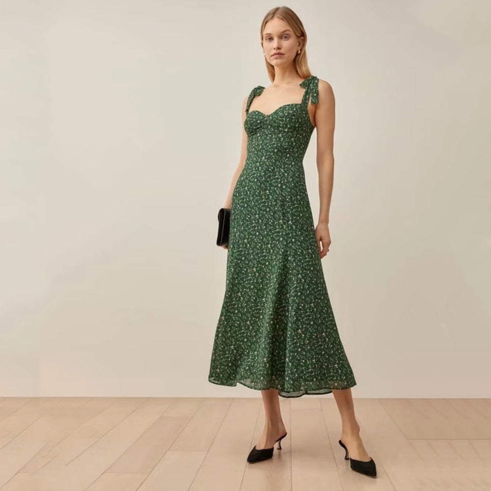 Small Floral Print Slim Fit Waist Cinching Midi Camisole Dress