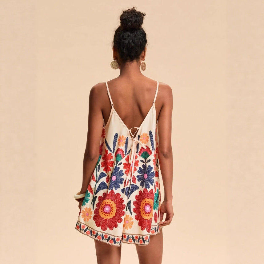 Resort-style Casual Loose-fitting Plant-floral Strap Jumpsuit