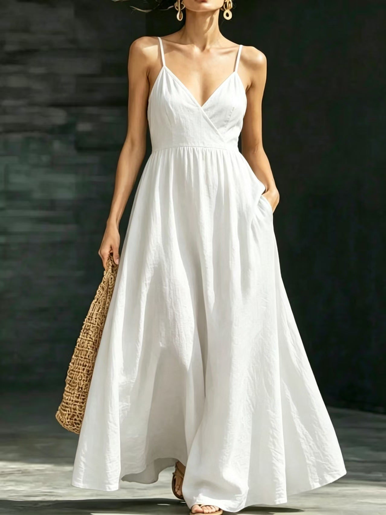 V-neck Pocketed Strap Backless Dress