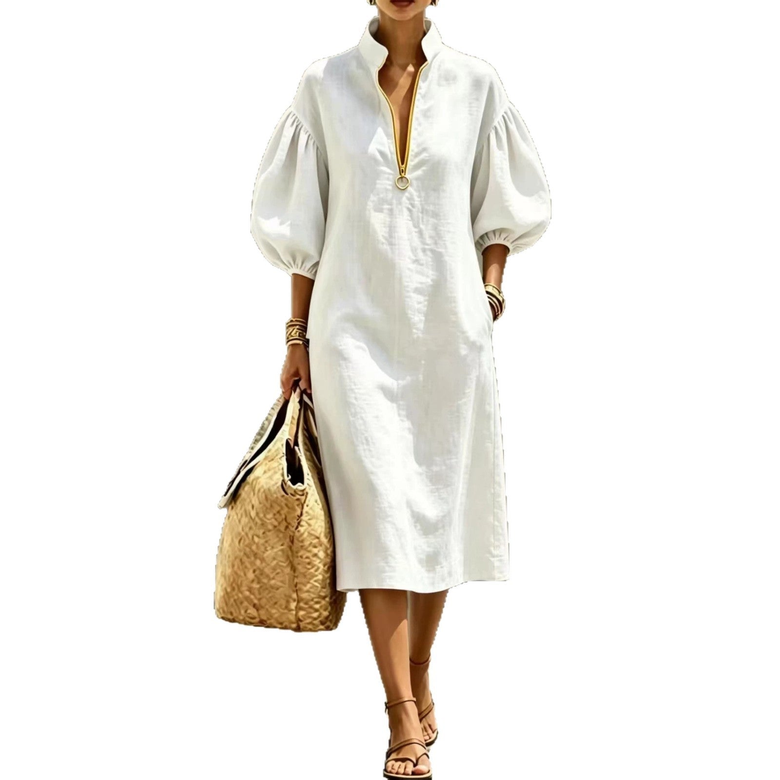 Summer Casual Loose-fit Stand-collar Puff-sleeve Dress