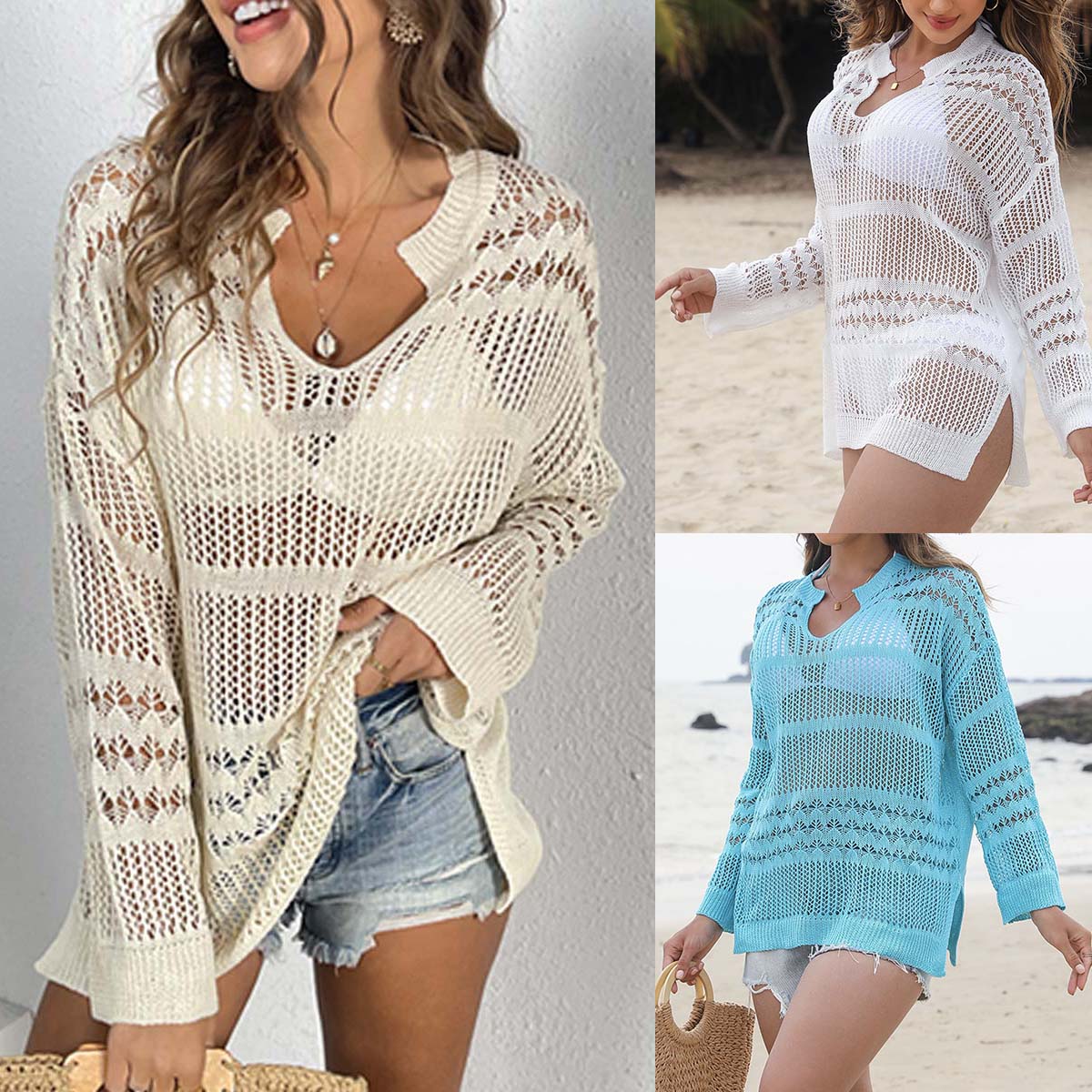 Hollow Out Long Sleeve Beach Cover Up Open Collar Bikini Outerwear Kimono…