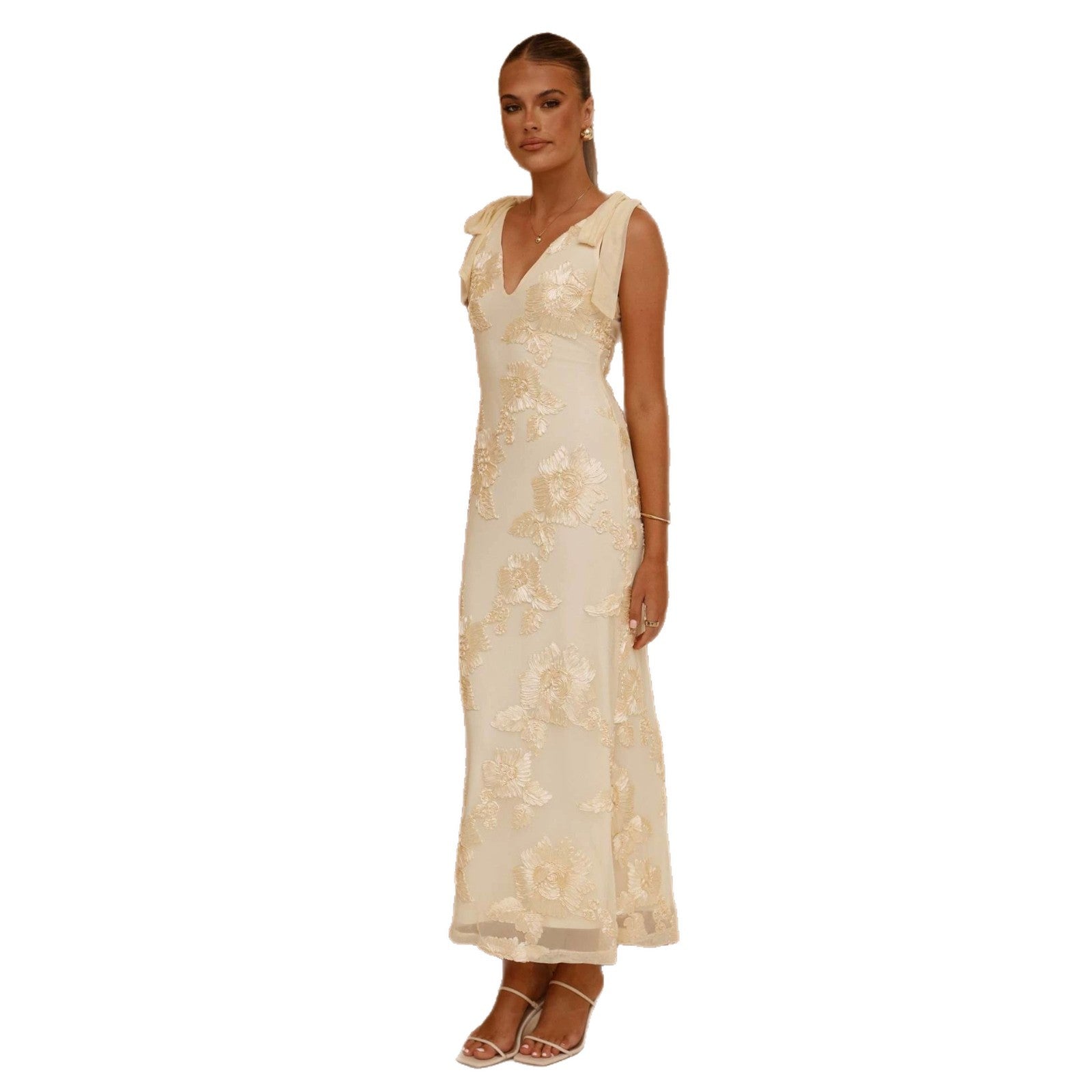 Long Dress With 3D Embroidery Backless Design And Cross-Tie Straps