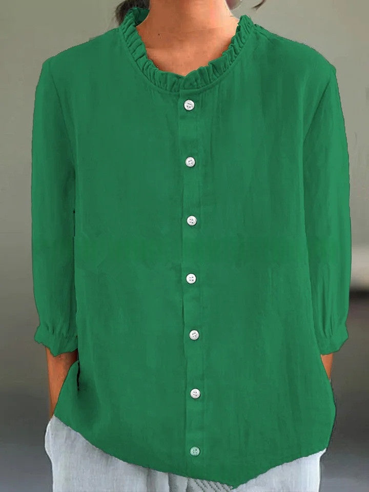 Casual Solid-Color Cotton-Linen Single-Breasted Shirt Set