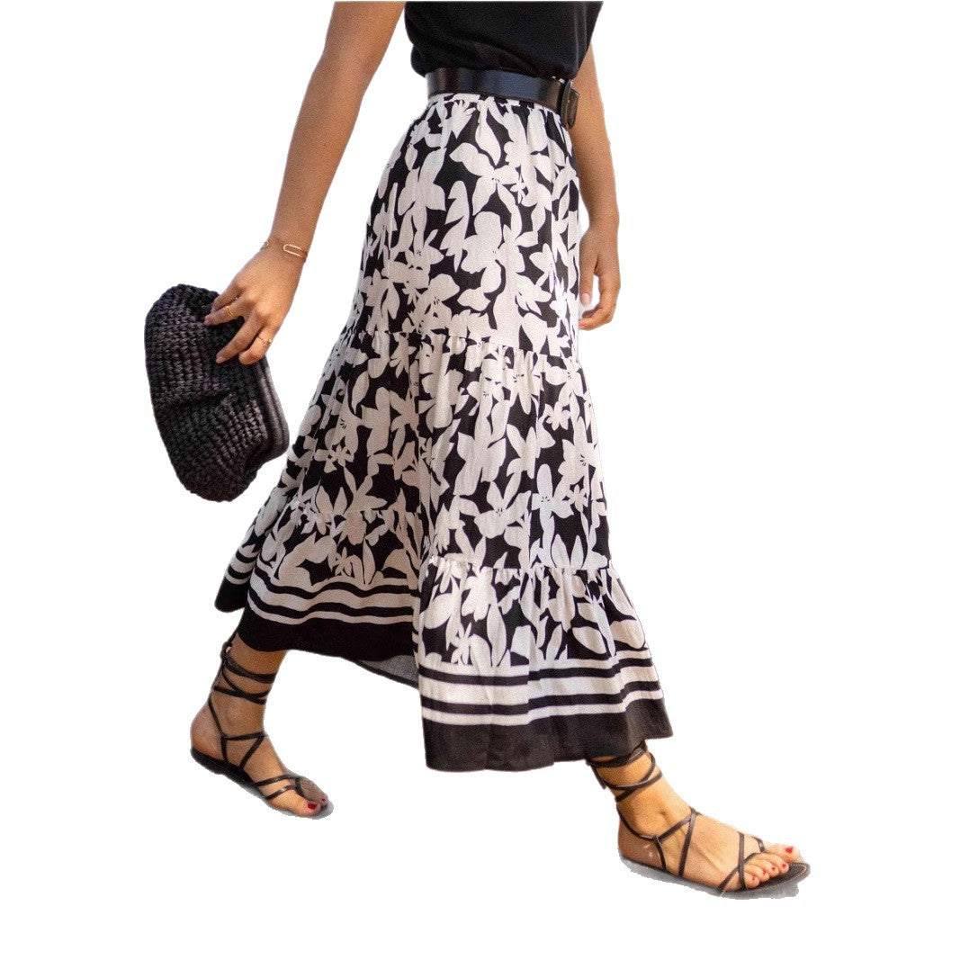Casual Resort Flared Midi Skirt With A Botanical Print