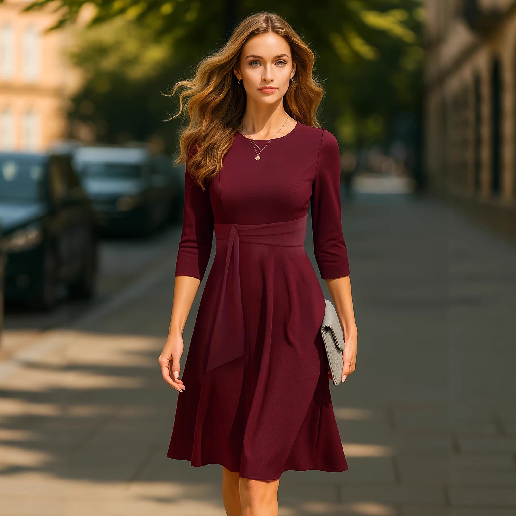 Solid Color Round Neck Three-quarters Sleeved Wine Red A-line Skirt Dress