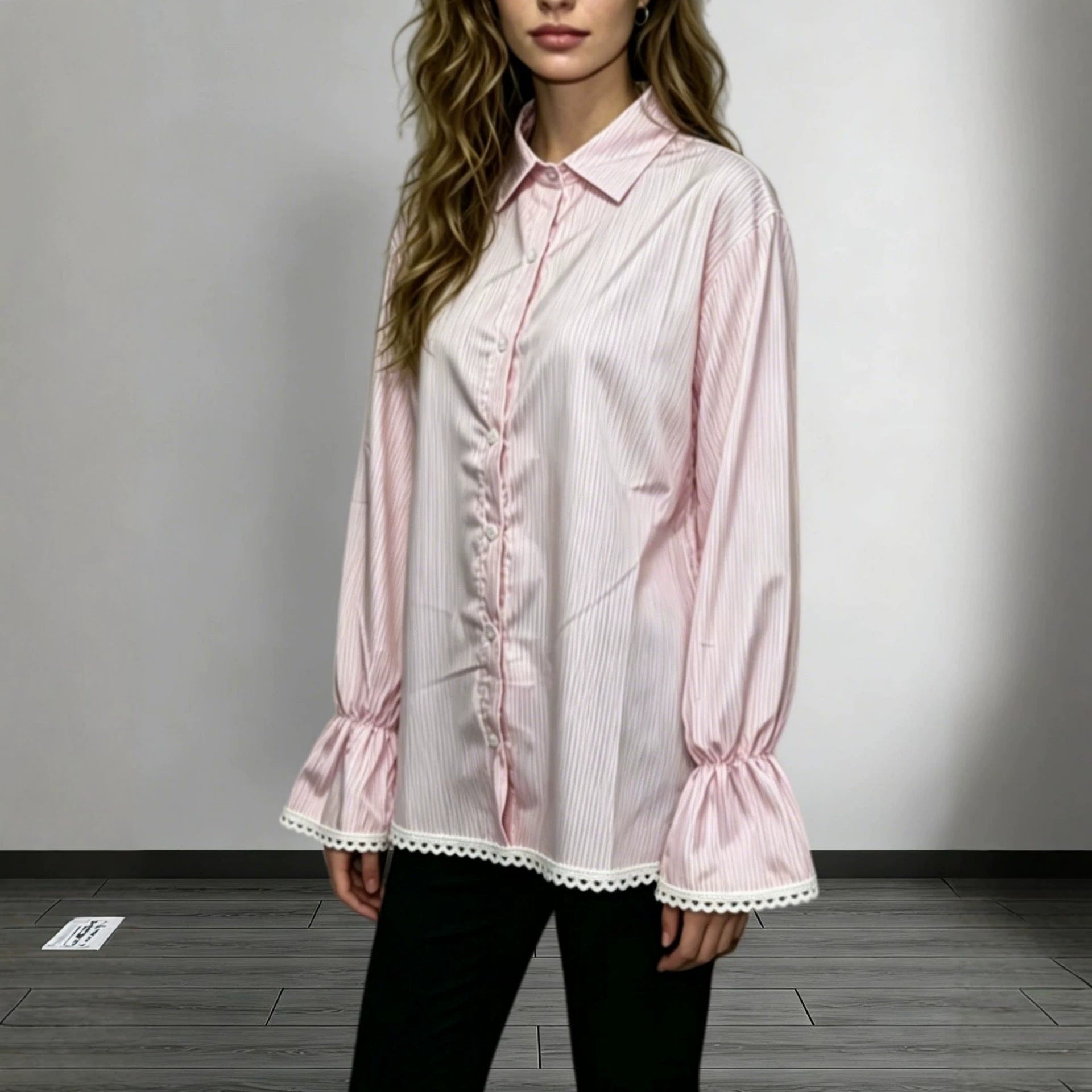 Lace Hollowed-Out Trim Flared-Sleeve Long-Sleeve Shirt