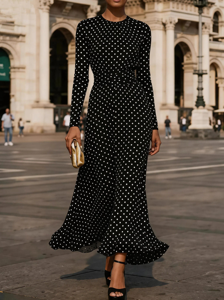 Round-neck Long-sleeve Polka-dot Sheath Dress