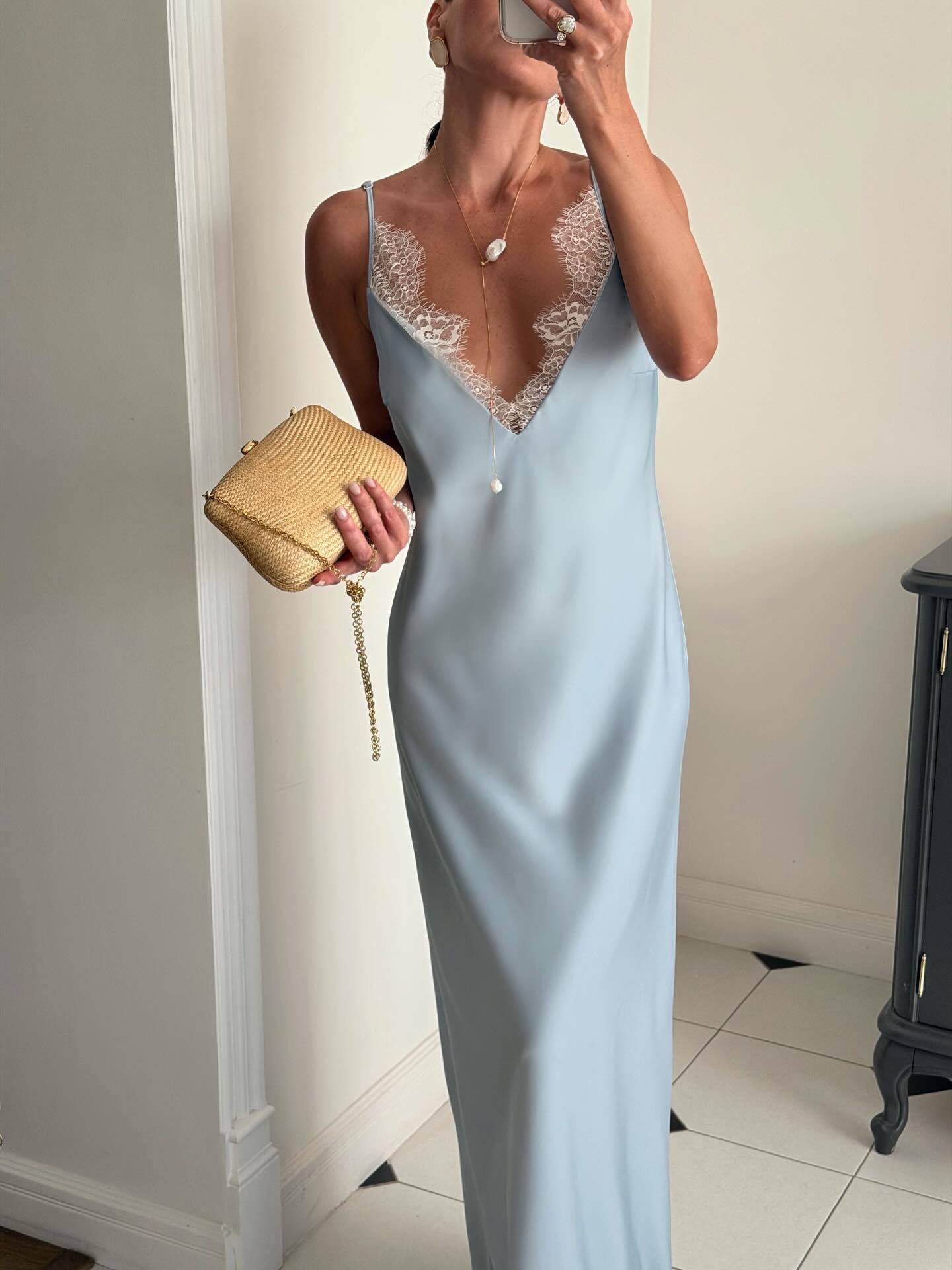 Lace Trim V-Neck Spaghetti Strap Maxi Slip Dress