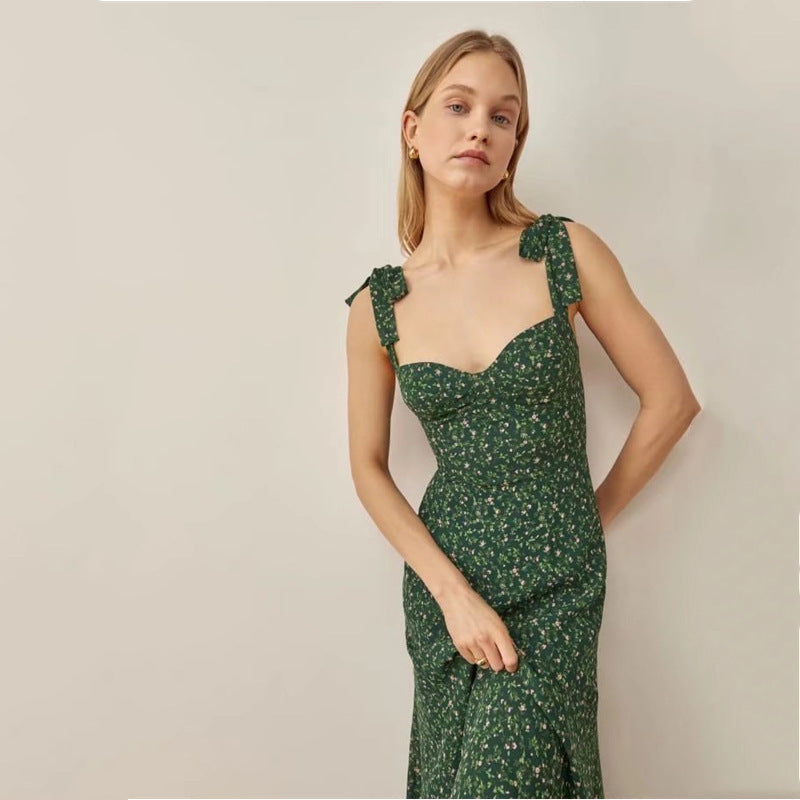 Small Floral Print Slim Fit Waist Cinching Midi Camisole Dress