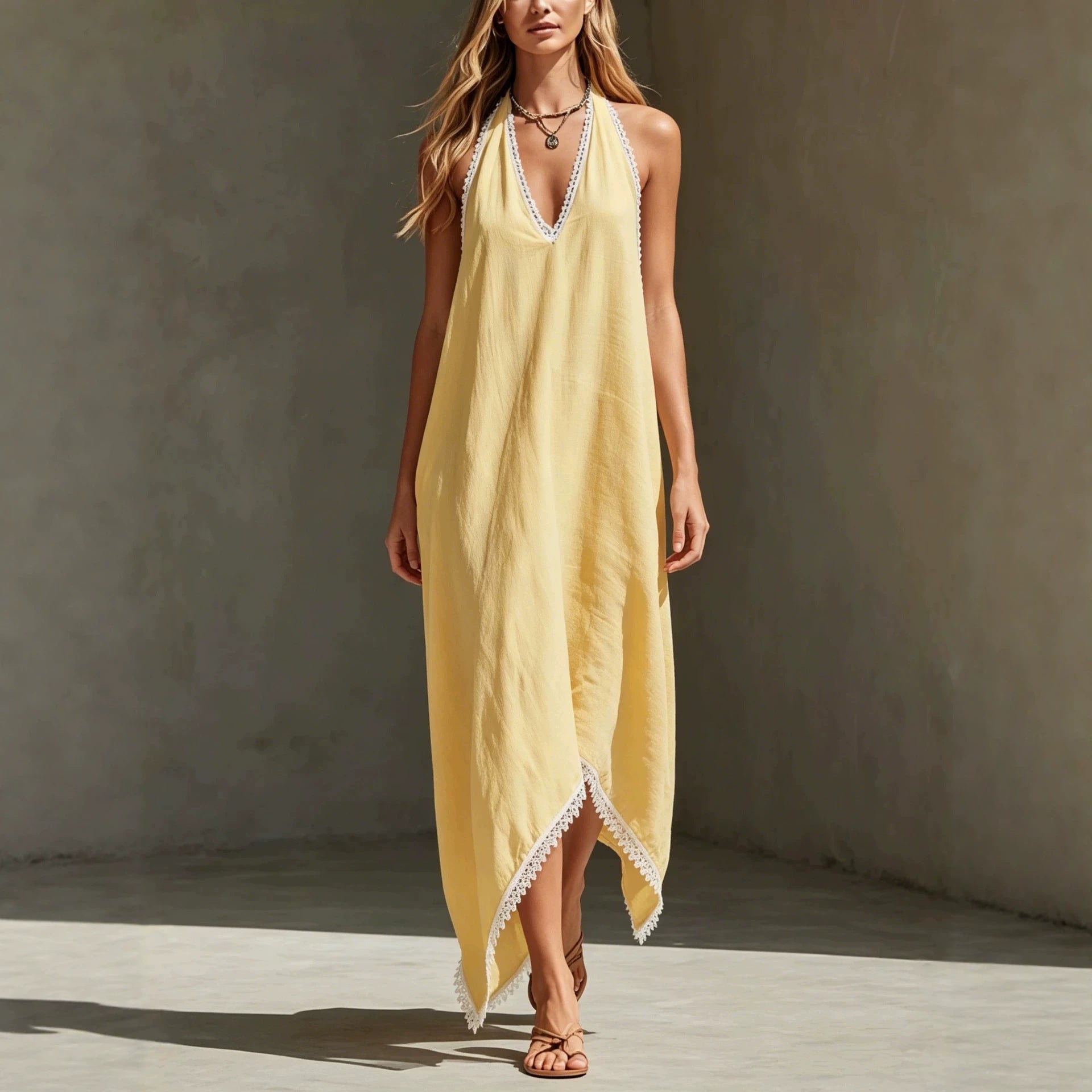 Spliced Lace-trimmed V-neck Dress