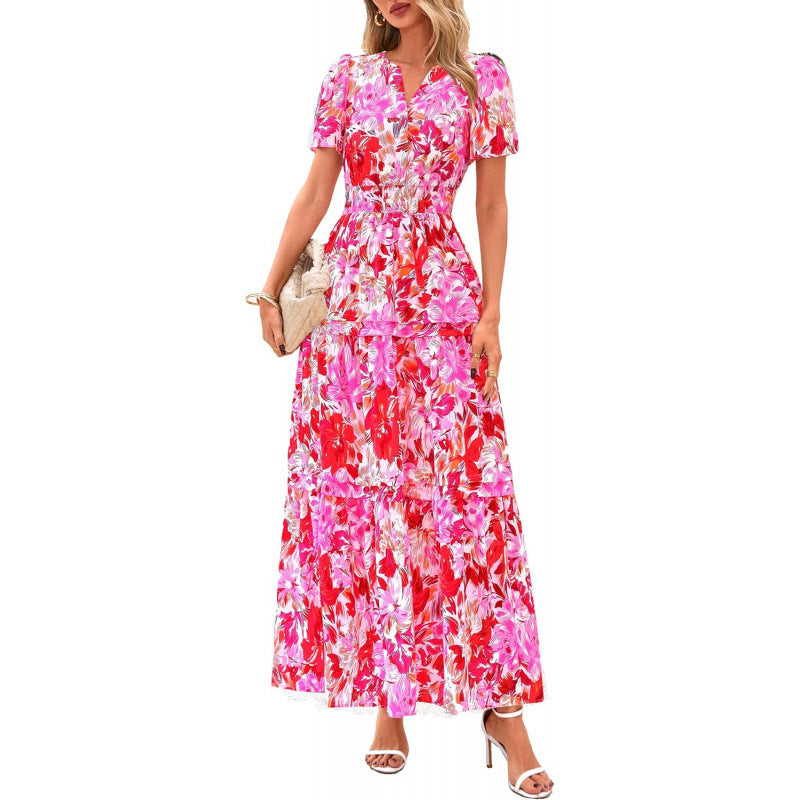 Retro Floral Short-Sleeve V-Neck Dress
