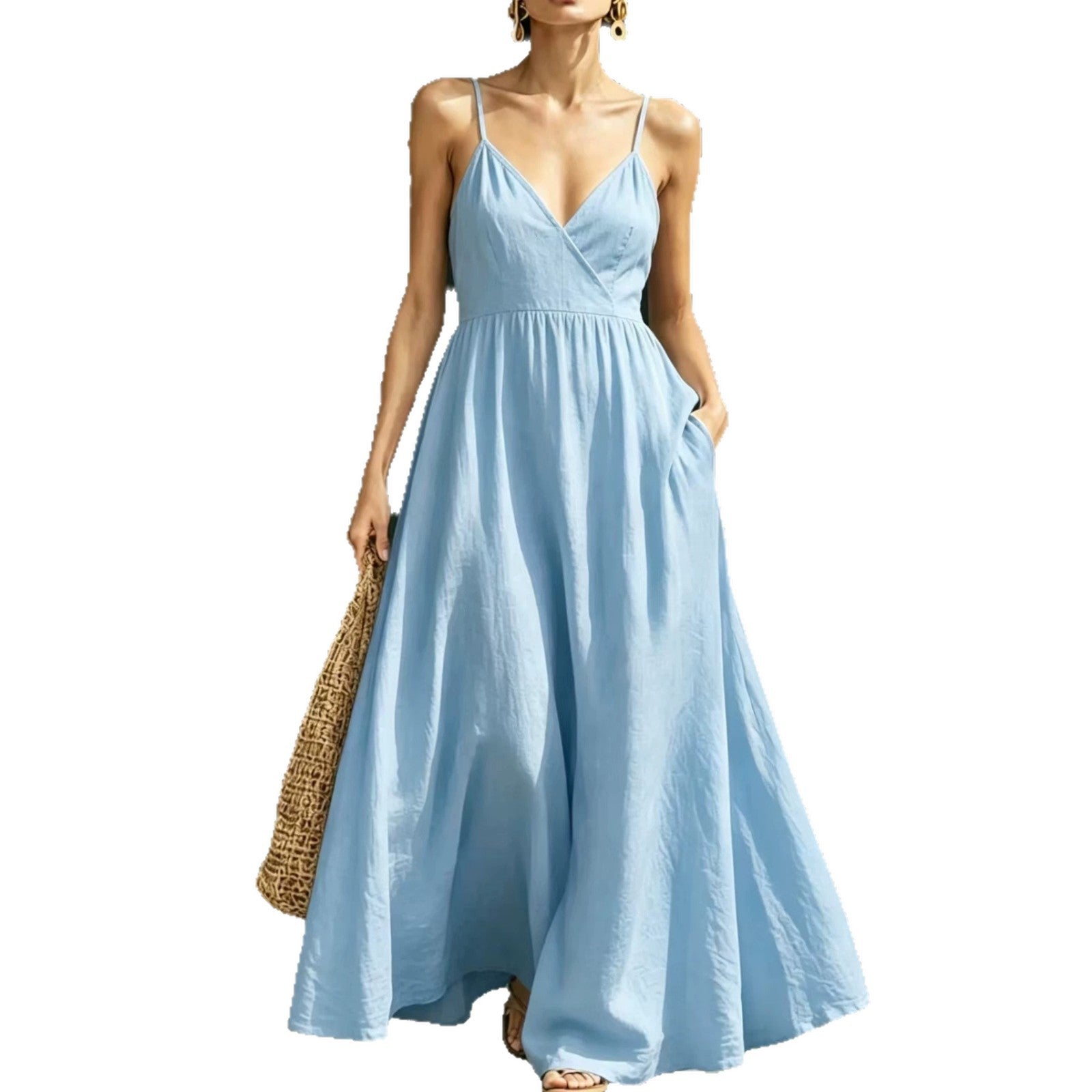 V-neck Pocketed Strap Backless Dress