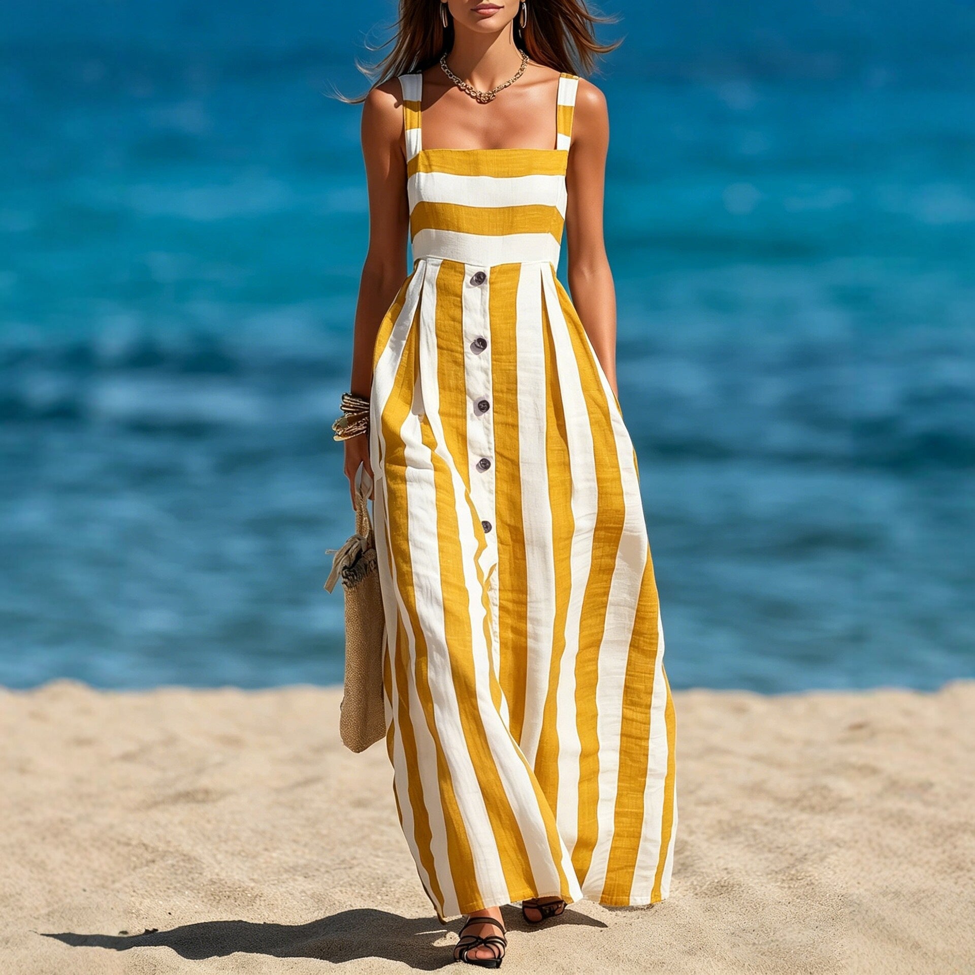Strap Single-breasted Sleeveless Linen Maxi Dress