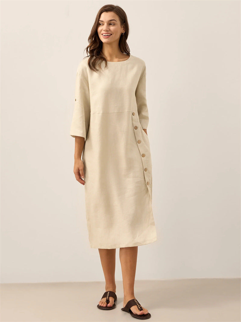 Round Neck Sleeve Side Slit Button Linen Cotton Blend Midi Dress