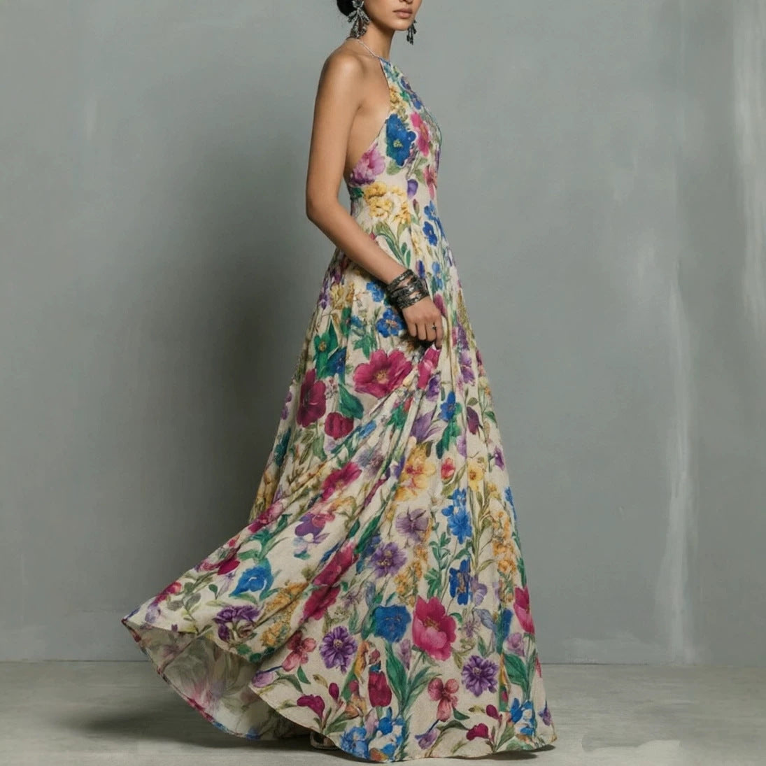 Plant And Floral Print Halter-neck Dress