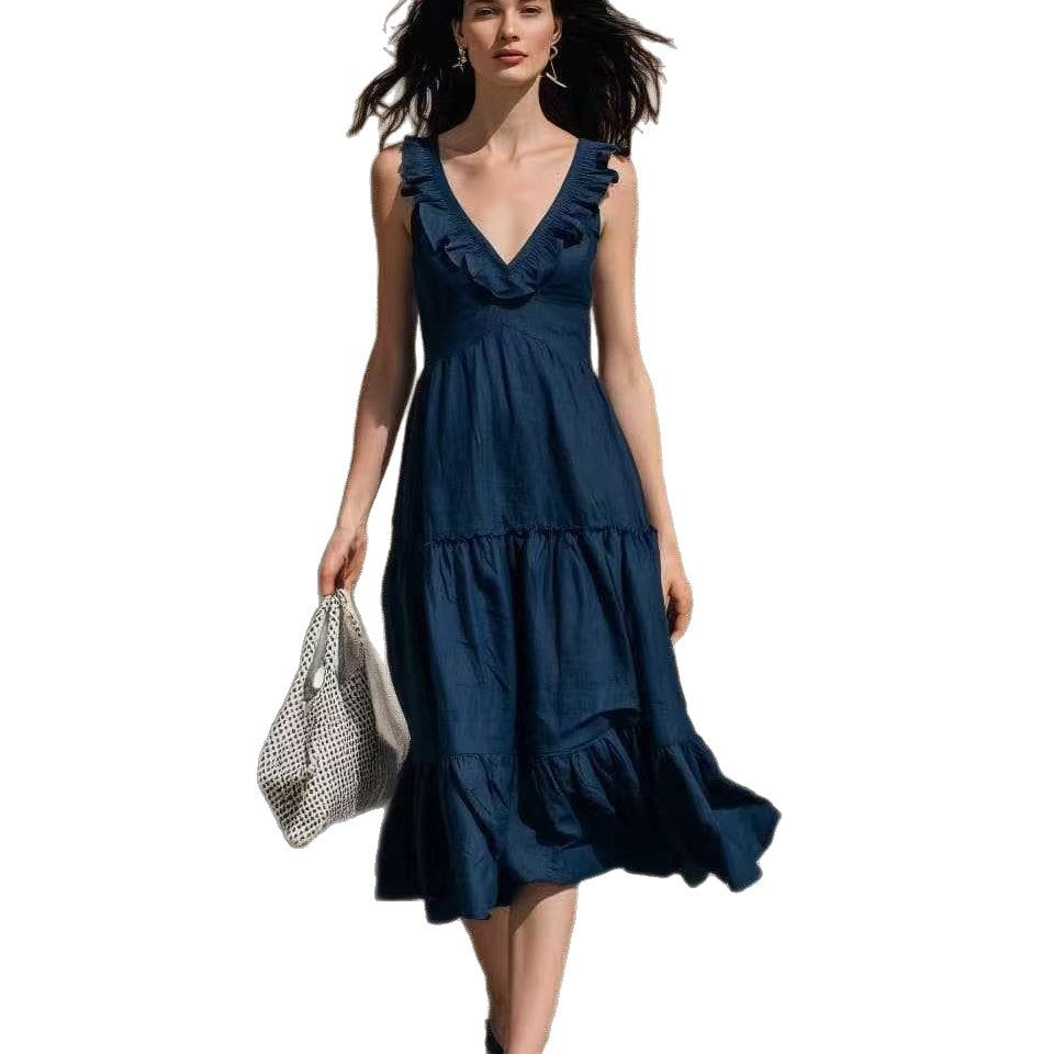 V-neck Ruffled High-waisted Figure-flattering Midi Dress