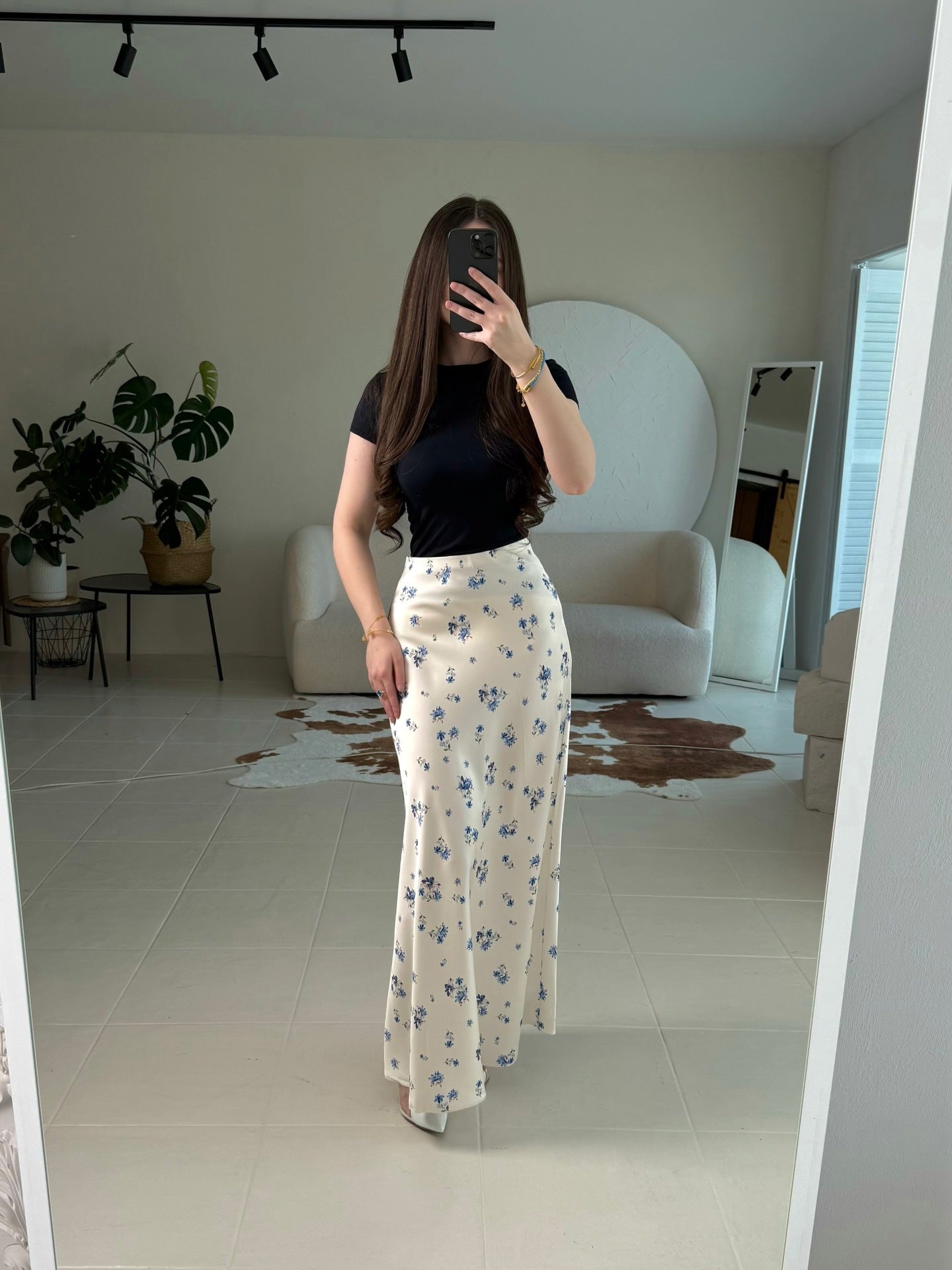 Base Ditsy Floral Print High Waist Satin Mermaid Midi Slip Skirt