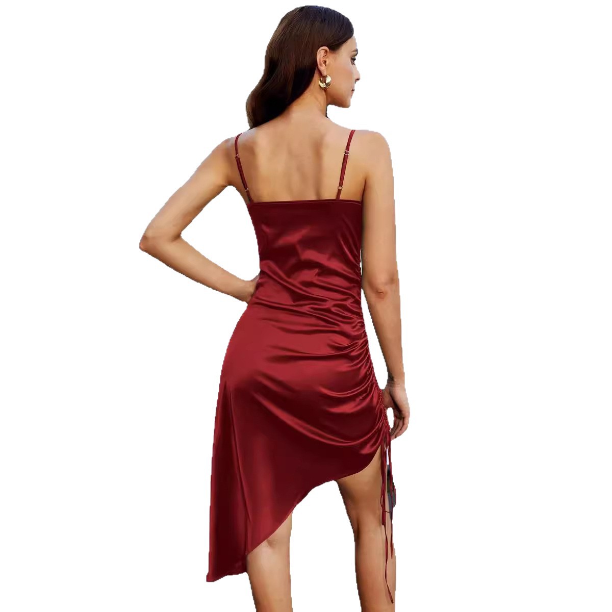 Satin Off-the-shoulder Side-tie Asymmetrical Slip Dress