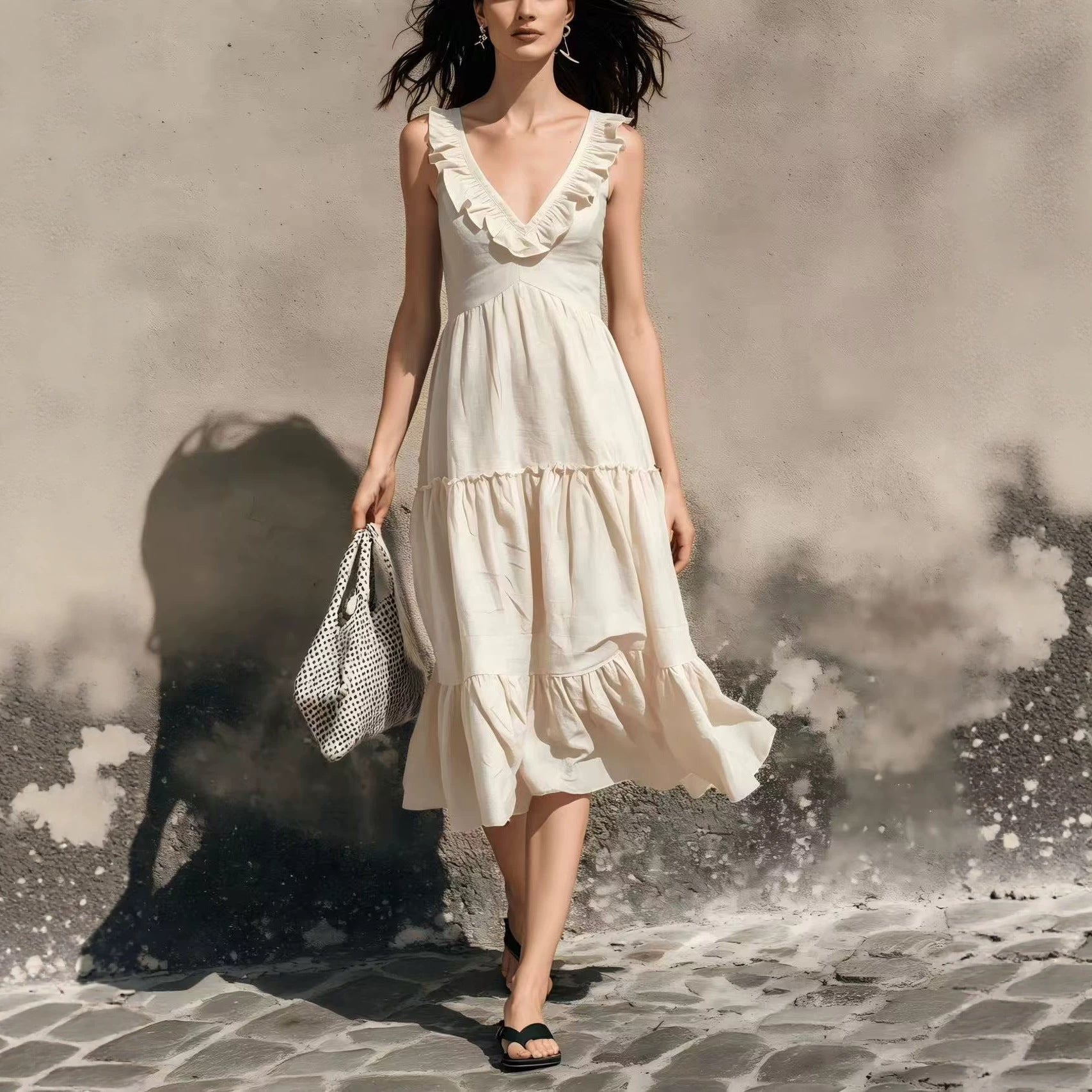 V-neck Ruffled High-waisted Figure-flattering Midi Dress