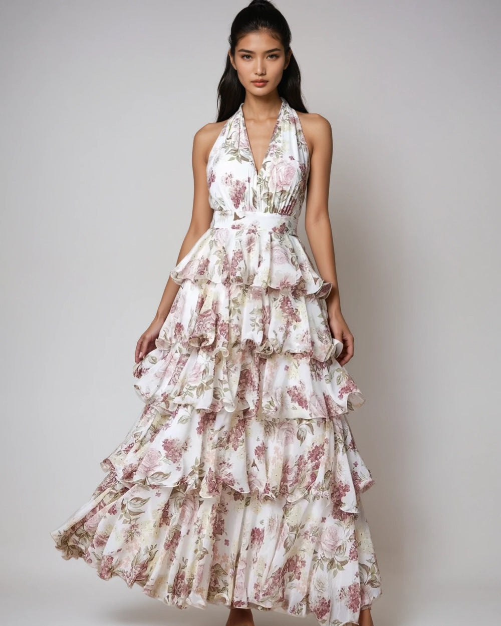 V-neck Strap Multi-layer Printed Dress