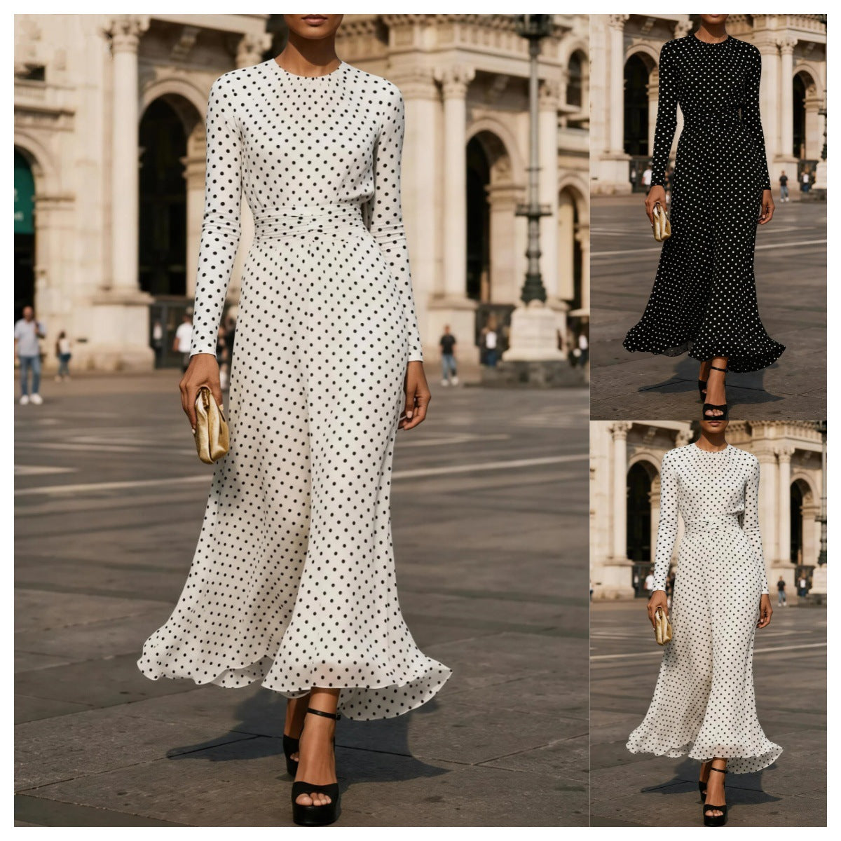 Round-neck Long-sleeve Polka-dot Sheath Dress