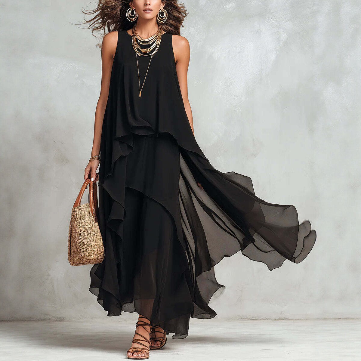 Black Sleeveless Asymmetrical Chiffon Maxi Elegant Flowing Women's Dress