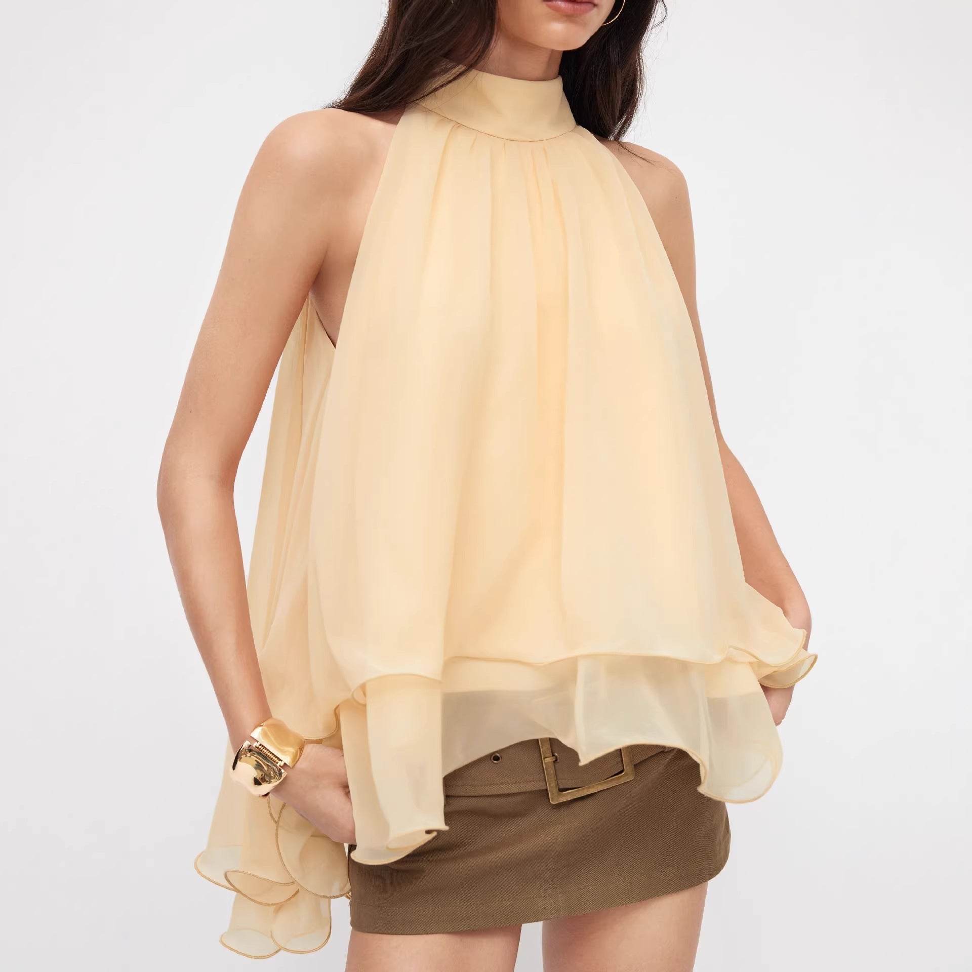 Off-shoulder Halter-neck Loose-fit Chiffon Blouse With Ruffled Hem