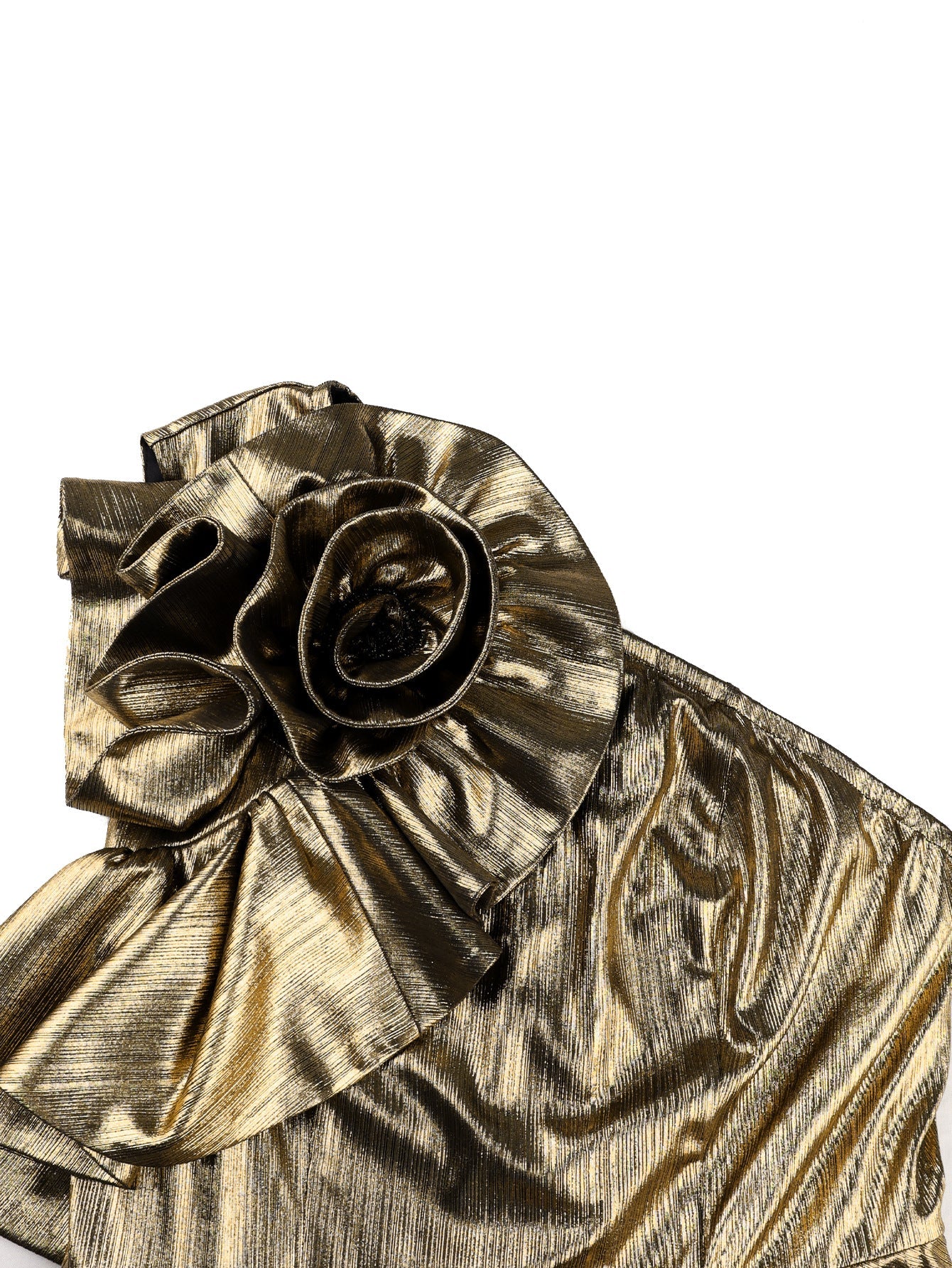 One Shoulder 3D Floral Applique Pleated Midi Evening Dress