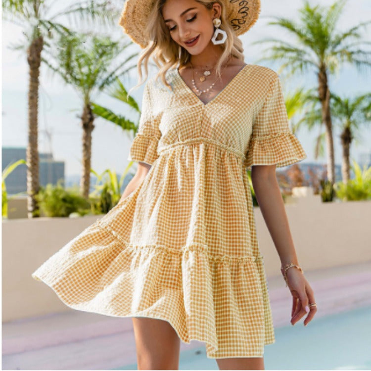 V-neck Lace-up Loose-fitting Dress