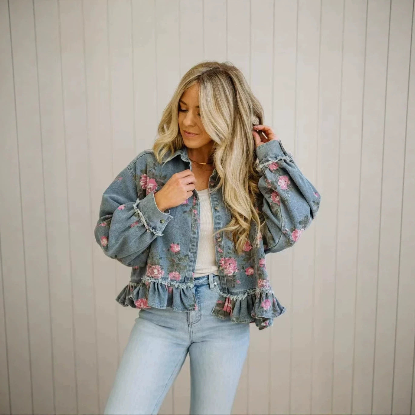 Vintage Washed Denim Jacket Floral Print Loose-Fit Long-Sleeve Shirt