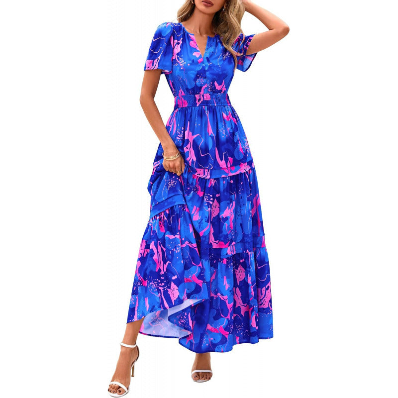 Retro Floral Short-Sleeve V-Neck Dress