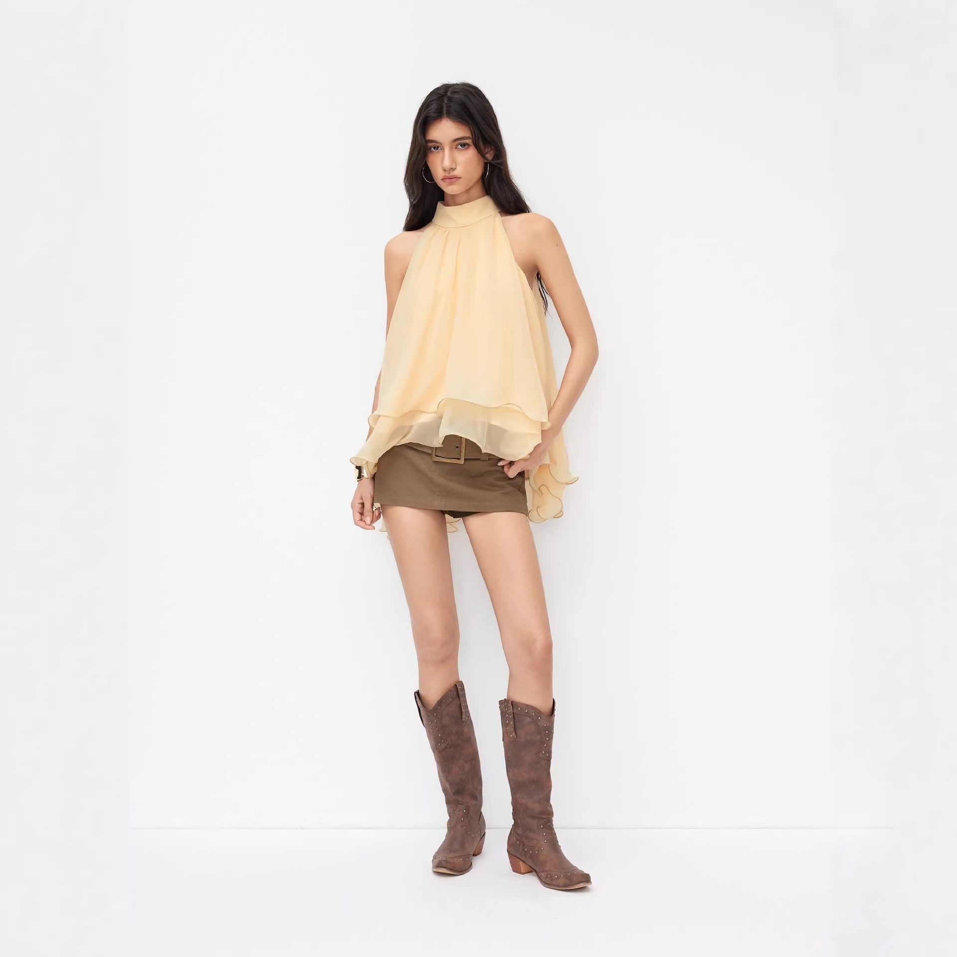 Off-shoulder Halter-neck Loose-fit Chiffon Blouse With Ruffled Hem