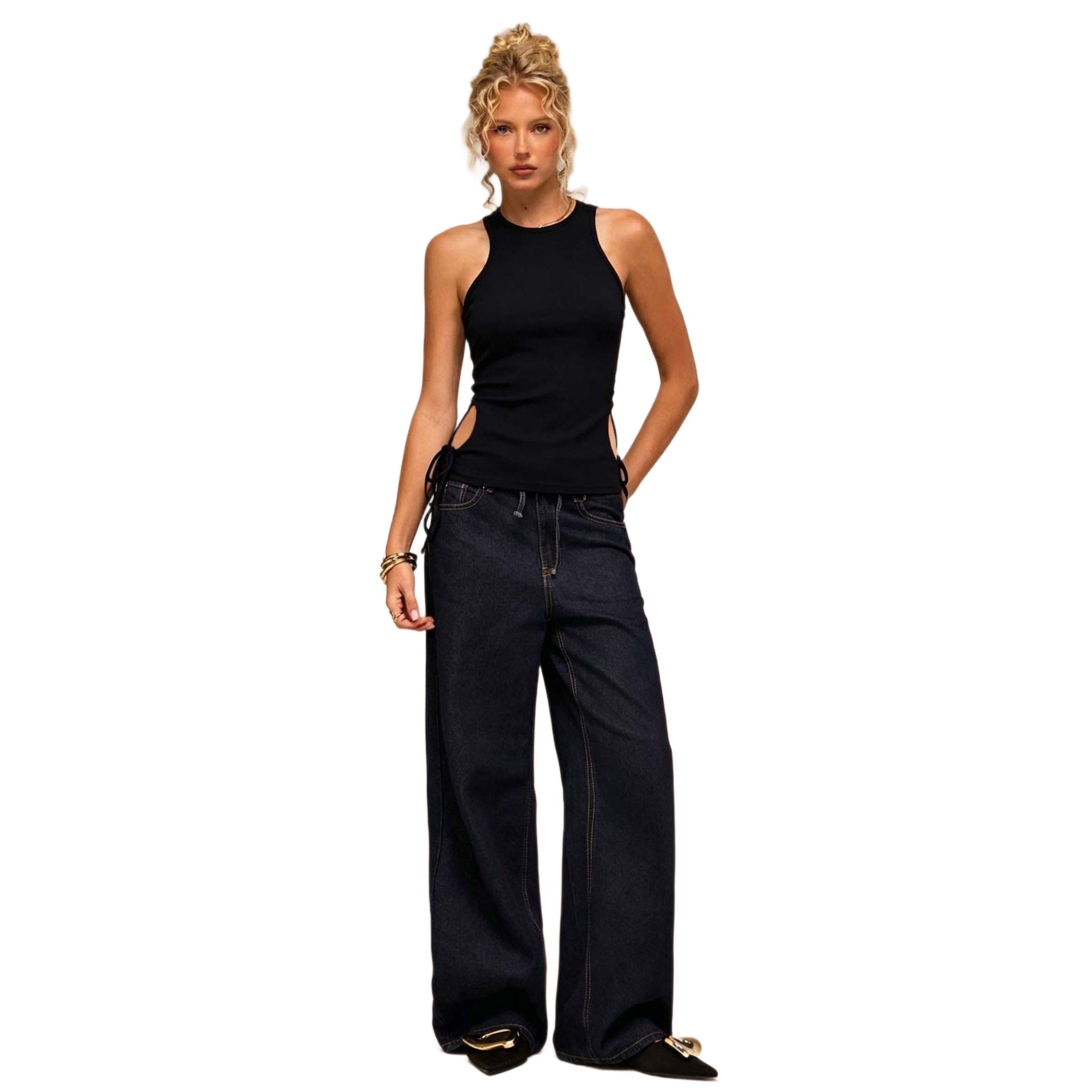 Sleeveless Top Hollowed-Out With Lace-Up Waist For A Slimming Effect