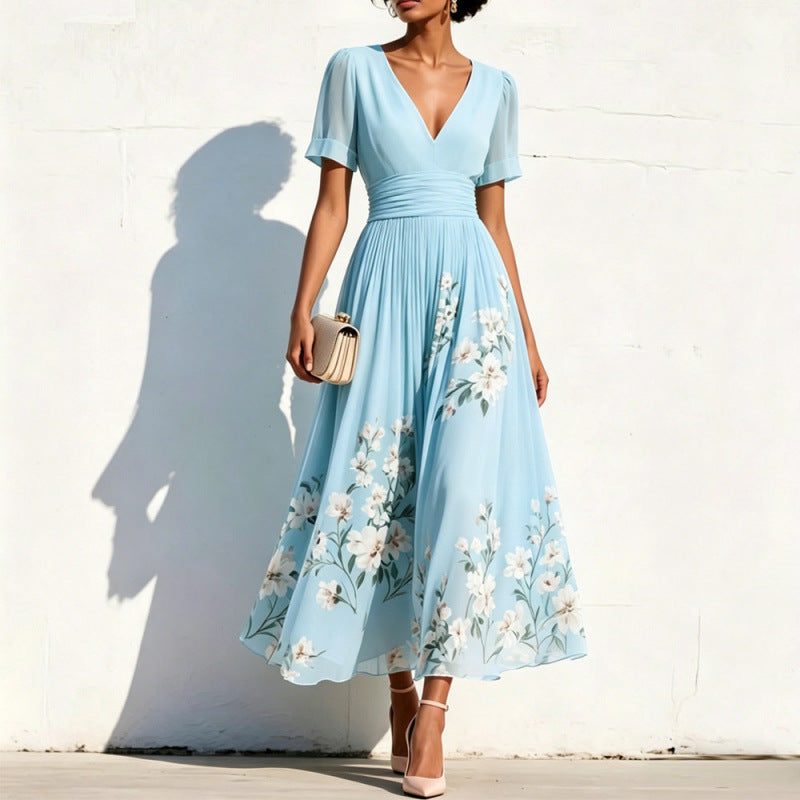 Digital-Print Floral Long-Sleeve V-Neck Pleated Dress