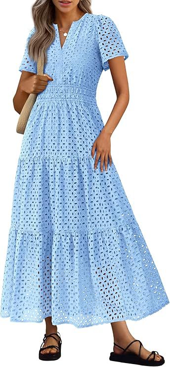 Short-Sleeve V-Neck Hollow-Out Dress