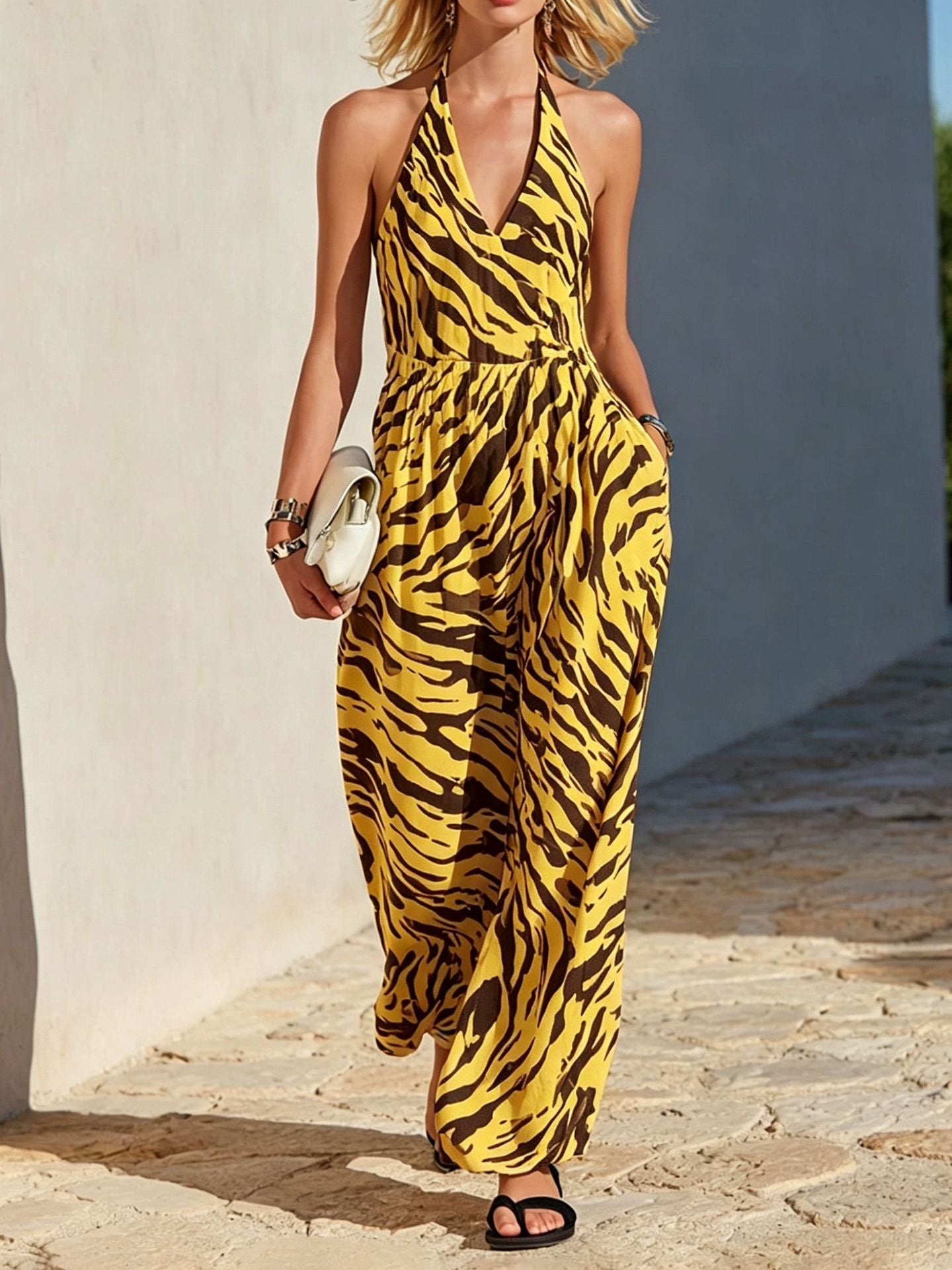 Backless Zebra-Print Casual Jumpsuit