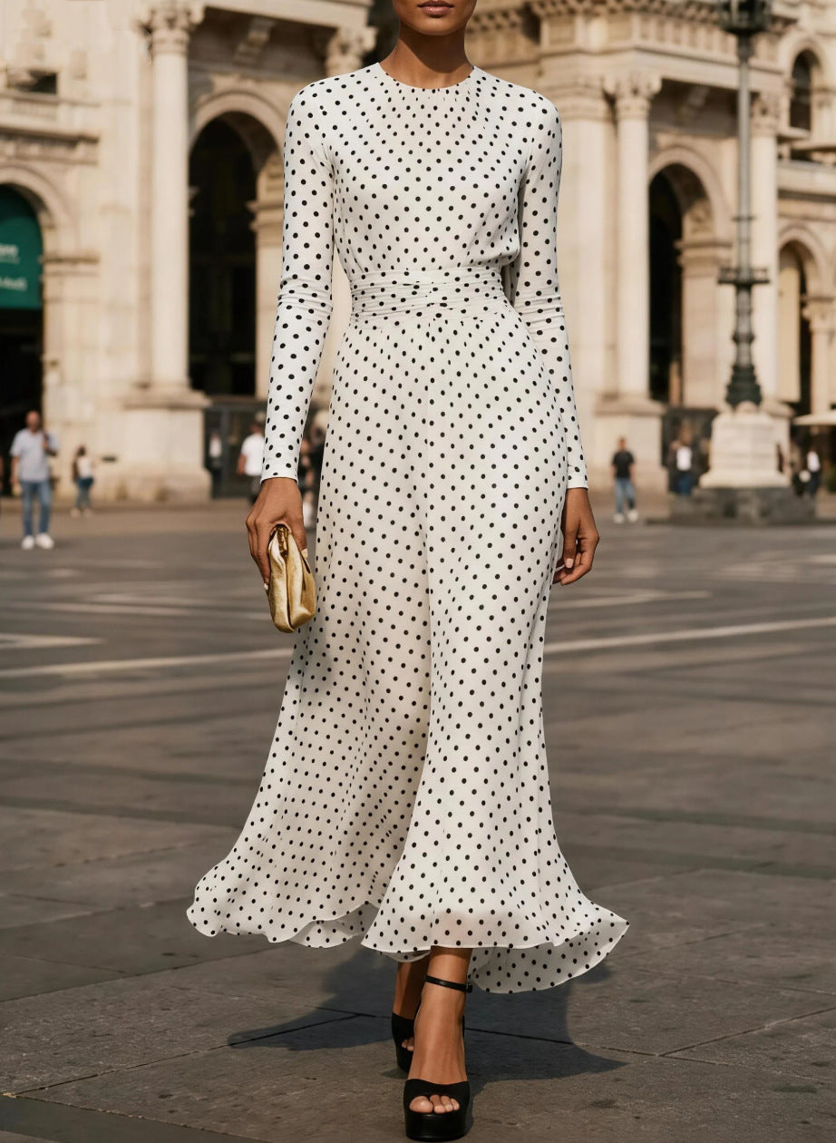 Round-neck Long-sleeve Polka-dot Sheath Dress